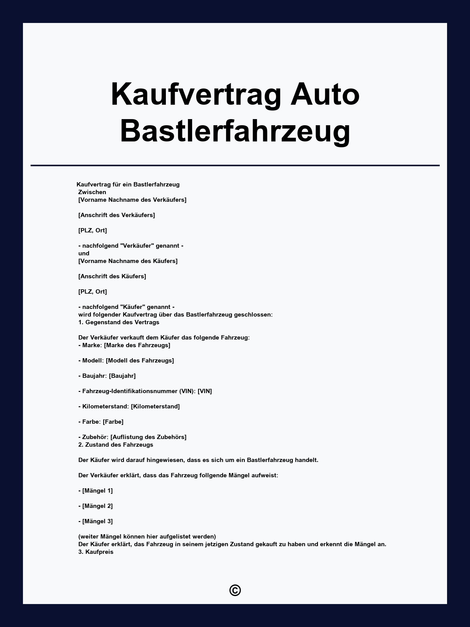 Kaufvertrag Auto Bastlerfahrzeug