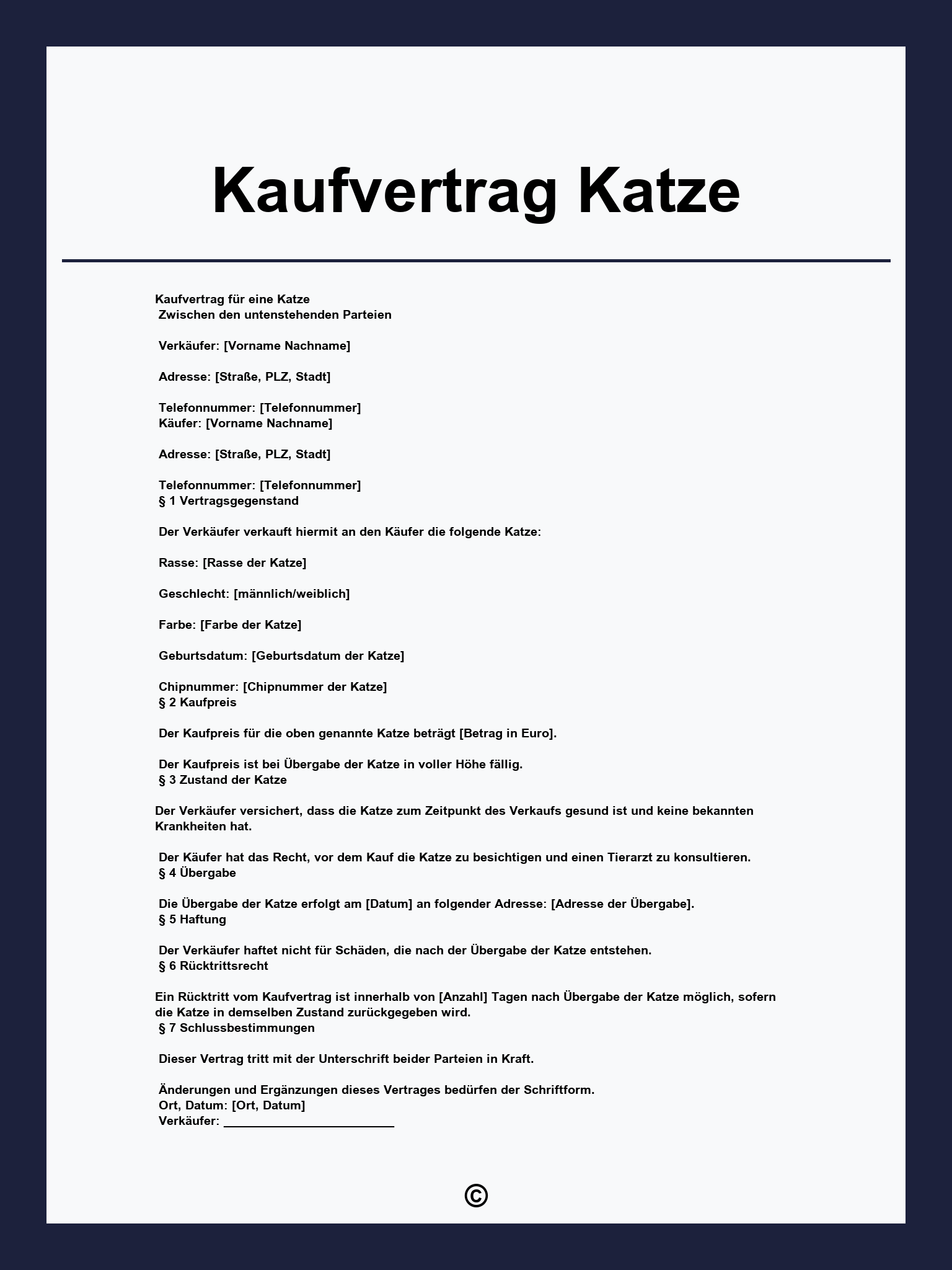 Kaufvertrag Katze