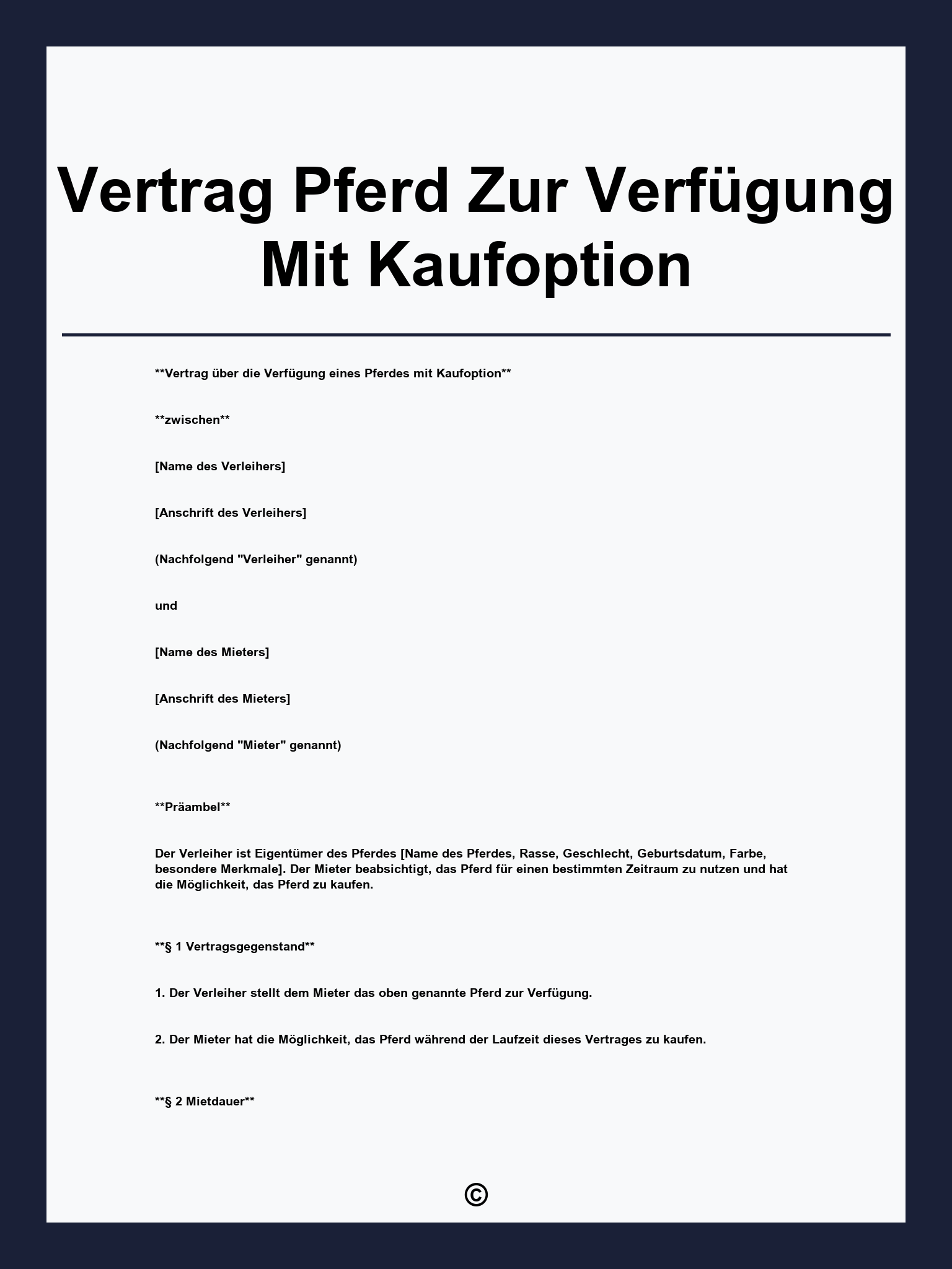 Vertrag Pferd Zur Verfügung Mit Kaufoption